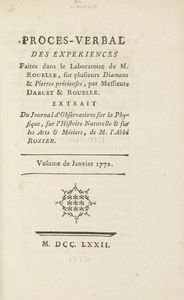 Proces-Verbal des Expériences Faites dans le Labratoire de M. Rouelle, sur plusiers Diamans & Pierres précieuses, par Messieurs Darcet & Rouelle
